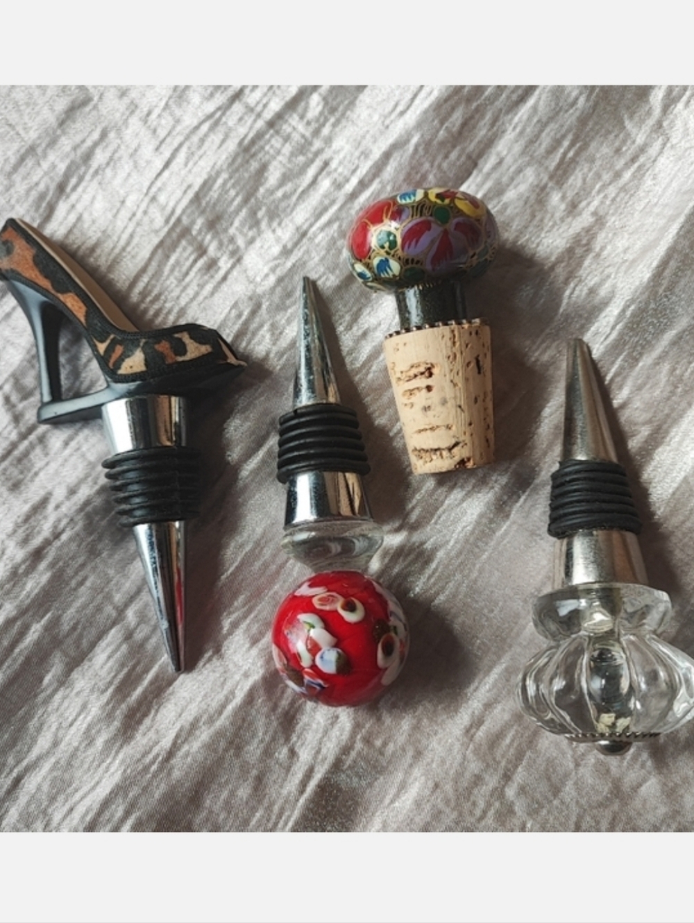 Set of 4 Four Mismatched Wine Bottle Cork Stoppers Glass Ceramic Leopard
